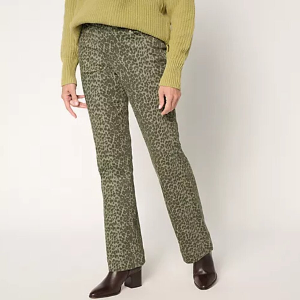 Belle by Kim Gravel Tall TripleLuxe Twill Boot Cut Jean OliveLeopard 12T A696720